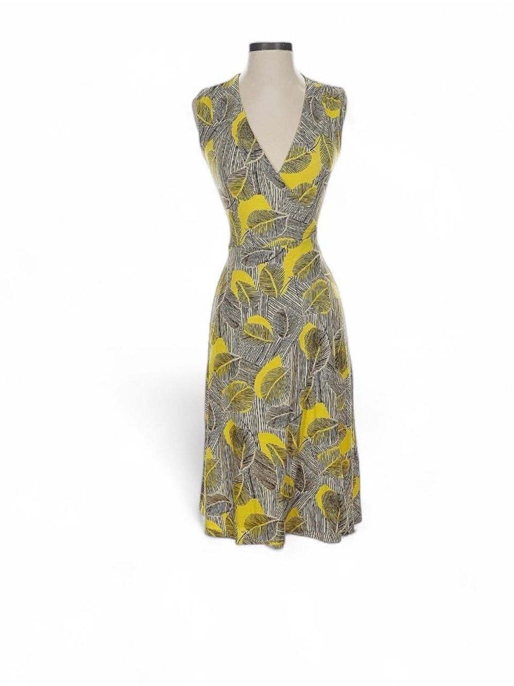 Club Monaco Yellow Leaf-Print V-Neck Sleeveless Dress